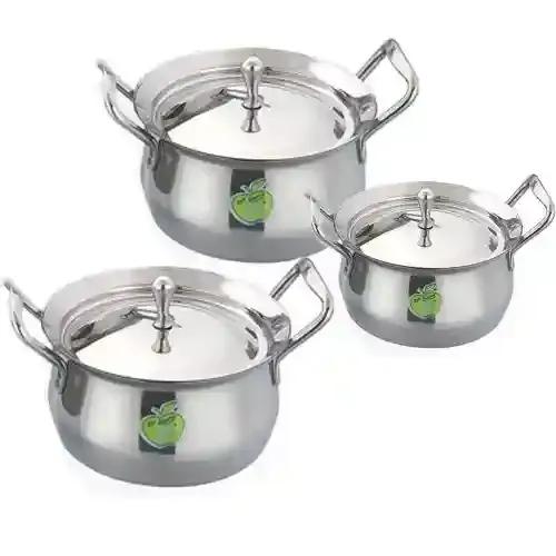 Stainless Steel Induction Cookware Sets & Gas Stove Friendly Cookware & Serveware Essential Utensil Pot Handi Set with Lid - Set of 3