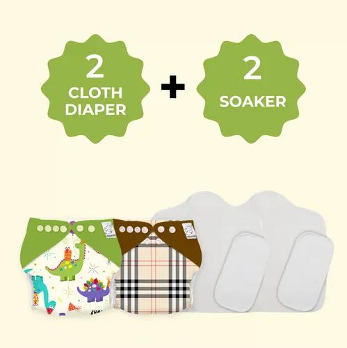 Snugkins New Age Reusable, Waterproof & Washable Cloth Diapers for Babies (3m-2yrs) + Wet-Free Prefold Pad + Booster Pad. Fits 5-14 kg - Pack of 2