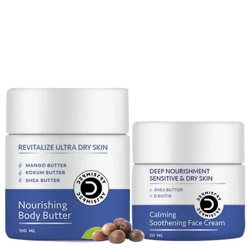 Dermistry Revitalizing Nourishing Body Butter & Sensitive & Dry Skin Care Deep Nourishment Calming Soothing Glowing Face Cream And Light Weight Winter & All Season Daily Use Nourishing Moisturizer | For Winters & All Weather And Deep Very Dry & Flaky Sensitive Skin And Mango, Kokum & Shea Butter D Biotin Hyaluronic Acid And For Men & Women ( Pack Of 2 - 150 Ml )