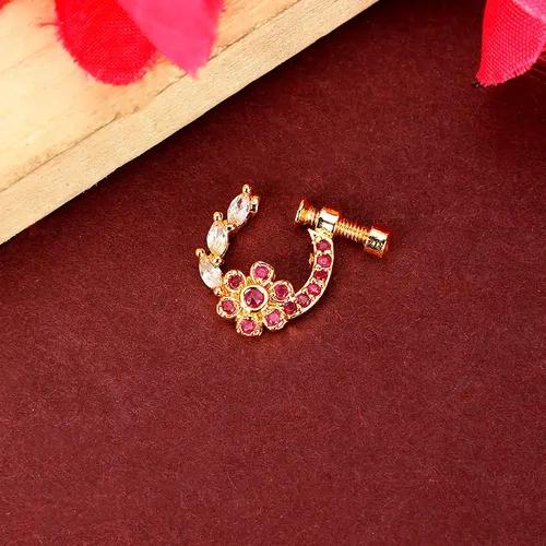 Imperial Floral-shaped Gold Plated Screw Nose Pin Red-White