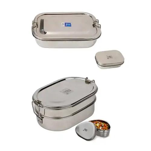 Jvl Stainless Steel Rectangular Single Layer Lunch Box With Small Container & Big Cpaule Double Layer Lunch Box With Mini Container Not Leak Proof - Pack Of 2