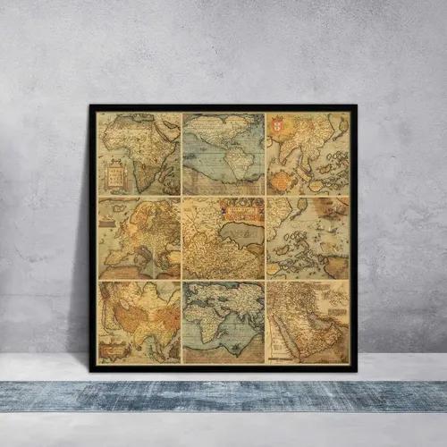 ArtzFolio Antique Maps | Premium Canvas Painting for Bedroom & Living Room | Black Wood Frame | 12 x 12 inch (30 x 30 cms)