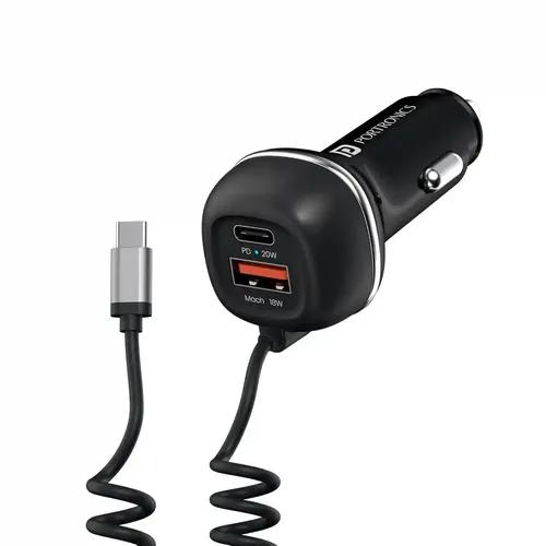 Portronics 71W Car Power 1C Triple Output Fast Car Charger with 33W Type-C Cable, 20W Type-C PD, 18W USB Port, Fast Charging Adapter Compatible with Cars for iPhone & Android Smartphone (Black)