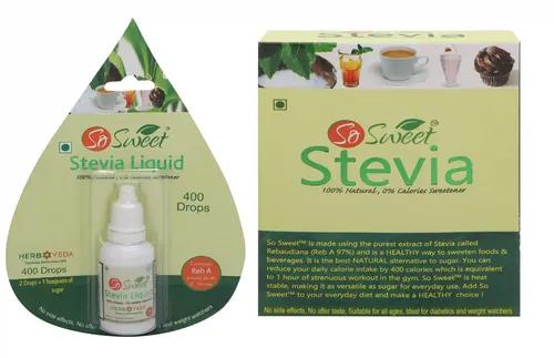 So Sweet 100% Natural Sweetener Sugar Free Stevia 50 Sachets + 20ml Liquid (400 Drop) Stevia Drops