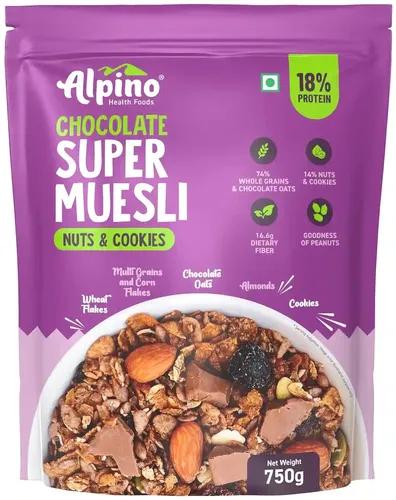 Alpino Health Foods Chocolate Super Muesli Nuts & Cookies - 70% Whole Grains & Chocolate Oats, 13% Nuts & Cookies - High in Protein, Source of Fibre – Breakfast Cereal (750 G)